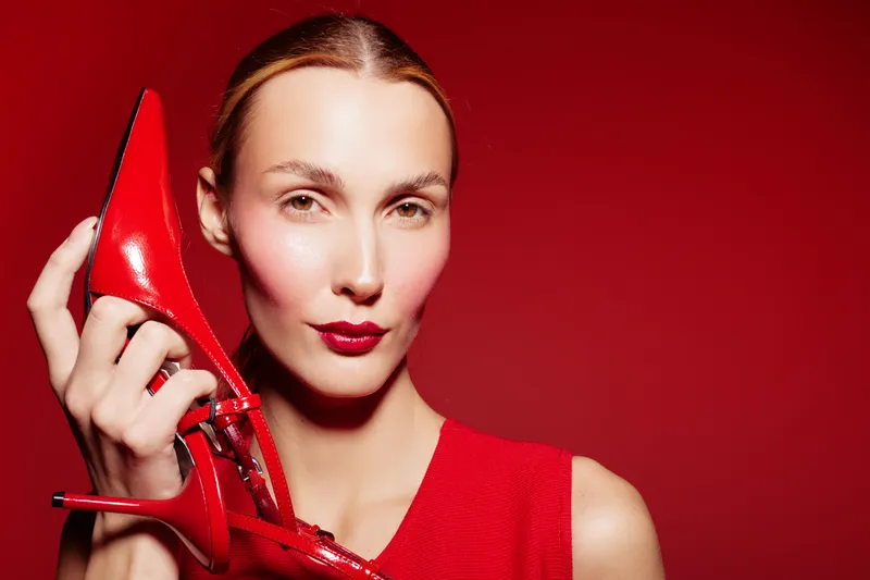 Close-up of a confident woman holding a red high heel shoe near her face against a red background. Concept of fashion, style, elegance, and beauty with vibrant colors.