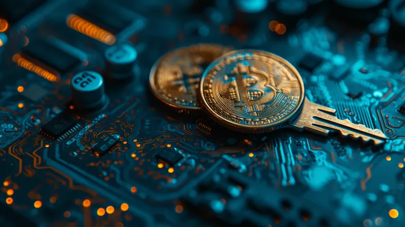 Ключ от криптовалюты и биткоин на печатной плате с синим светящимся фоном