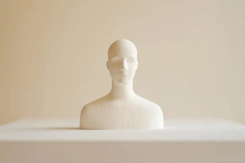 Чистая и простая 3D-модель белого бюста человека на мягком нейтральном фоне, представляющая минимализм и современное художественное выражение в дизайне