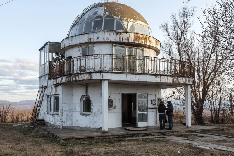 Заброшенная обсерватория с проржавевшим куполом и двумя фигурами, стоящими у входа, подчеркивает одиночество и запустение в пасмурной обстановке, что идеально подходит для тем городских исследований