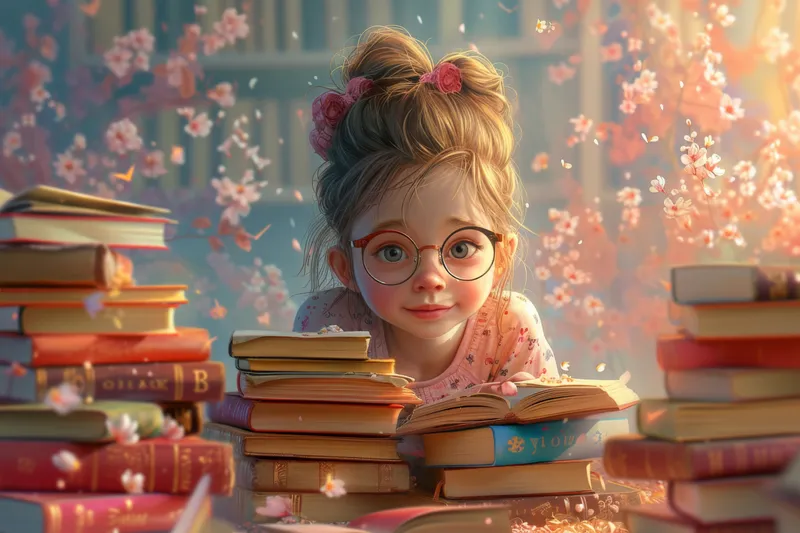 Молодая девушка в очках, погружённая в чтение книги, окружённая множеством различных книг