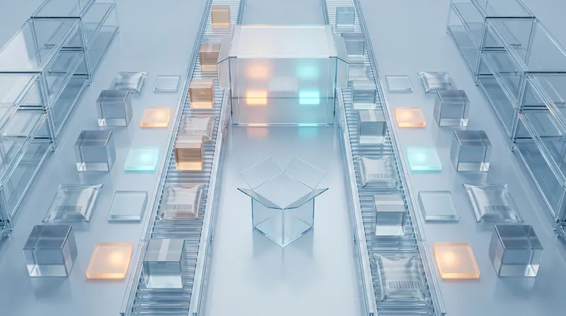Симметричная стеклянная 3D-сцена логистики с полупрозрачными посылками, конвейерными лентами и центральной упаковочной коробкой для презентаций электронной коммерции и цепочек поставок