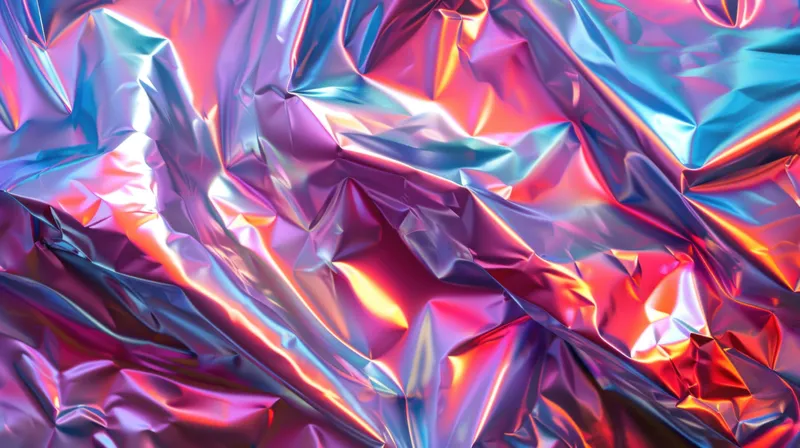 Крупный план мятой металлической фольги, демонстрирующий смесь переливающихся цветов, таких как синий, розовый и фиолетовый, что добавляет глубину и яркость