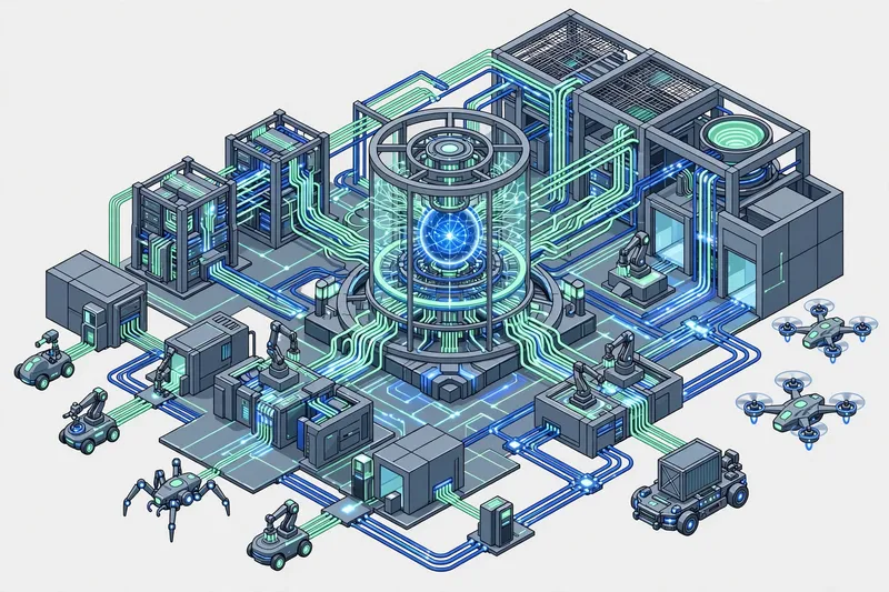 3D-рендер футуристической лаборатории с роботами и дронами