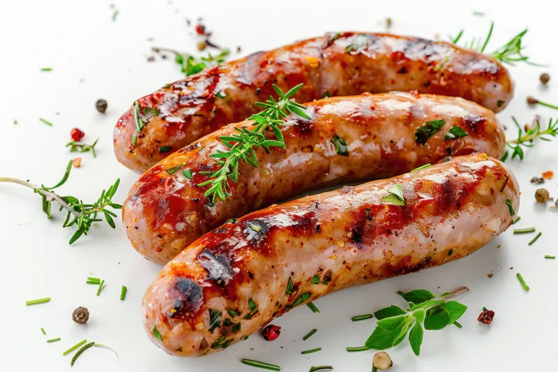 Сочные и ароматные жареные колбаски с золотисто-коричневой корочкой, посыпанные свежей зеленью