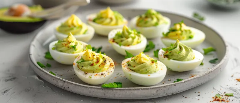 Вкусные яйца, фаршированные кремовым авокадо, посыпанные паприкой и травами, подаются на серой тарелке, идеально подходят для приемов и кулинарных мероприятий