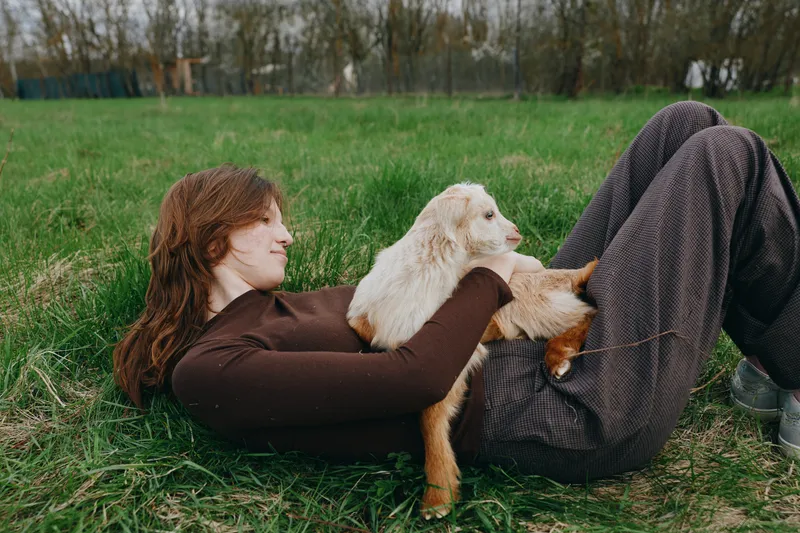 Bright outdoor lifestyle moment with a goat kid and a relaxed person lying on grass, smiling softly, sunlit breeze, casual comfort, natural colors, intimate companionship