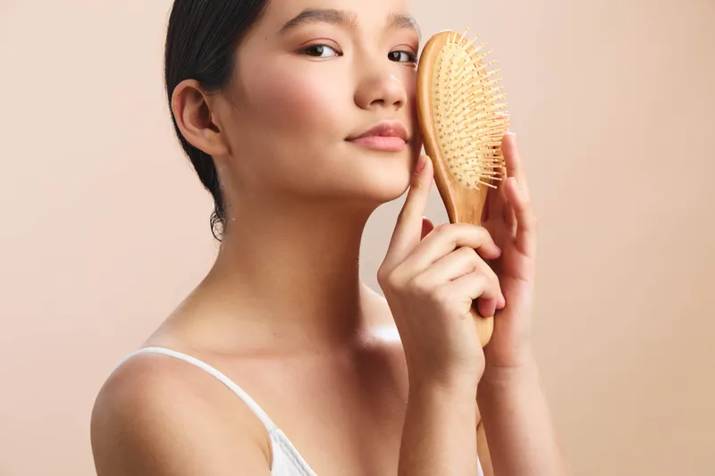 asian woman with a wooden hairbrush held near her head in a soft studio setting as she smiles gently, portraying selfcare, calm beauty, and focused grooming.