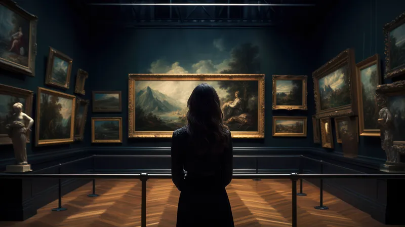 Женщина, туризм, смотрит, галерея, белый, внутри, архитектура, искусство, картина, здание, современный, выставка, интерьер, путешествие, зал, музей, комната, человек, в помещении…