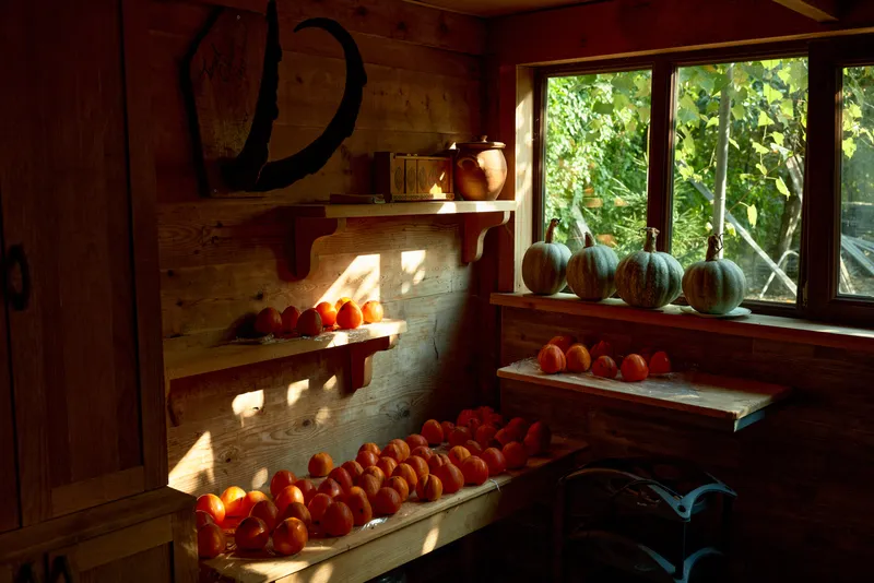Rustic kitchen with wooden shelves and bright window light, pumpkins and autumn produce arranged along benches and crates, a warm harvest scene for home decor, seasonal meals, and country style