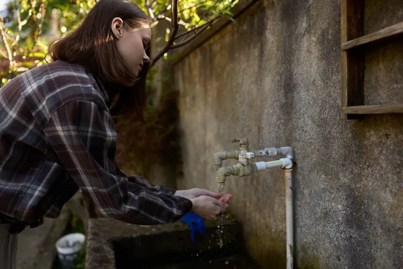 Young woman in plaid shirt washes hands at an outdoor faucet in a calm backyard, focused and relaxed