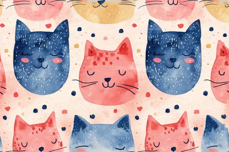 Милый бесшовный узор с кошками — игривое и очаровательное изображение котёнка на нежно-розовом фоне