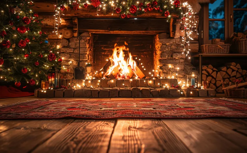 Уютная рождественская сцена с камином, украшенной елкой и ковром в интерьере праздничного дома