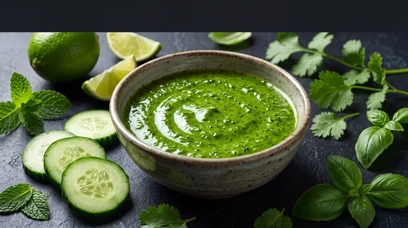Керамическая миска с зеленым соусом и свежим гарниром стилизована как компактное героическое изображение еды с темными тонами, боковым светом и местом для текста