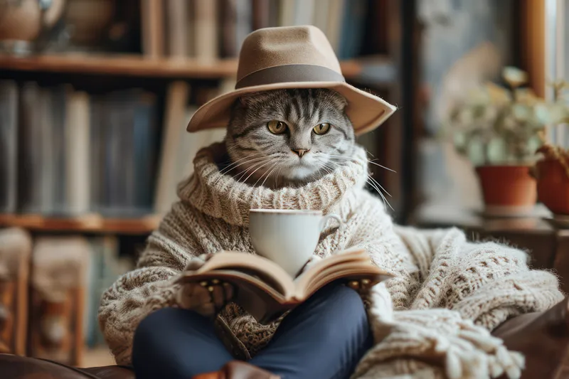 Уютный кот и пушистая книга: тёплая, ленивая серая кошка лежит на мягком диване и наблюдает за женщиной, которая читает в комфортном доме