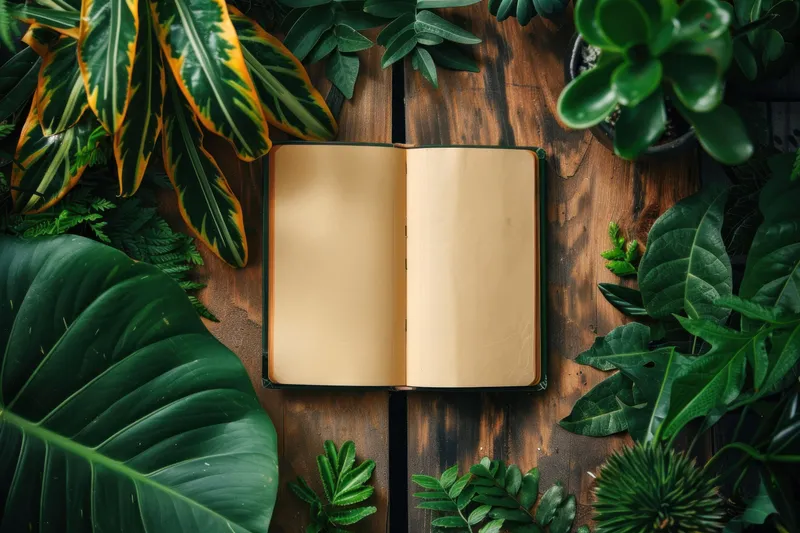 Открытая книга на деревянном столе, окруженная зелеными растениями и листьями, вид сверху
