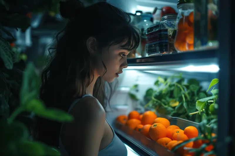 Холодильник, полный изобилия: молодая женщина европеоидной внешности, голодная и прекрасная, ищет полуночный перекус на домашней кухне