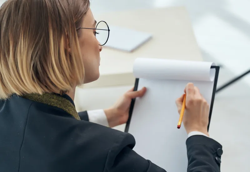 Деловая женщина сидит в кресле и работает с профессиональными документами в офисе