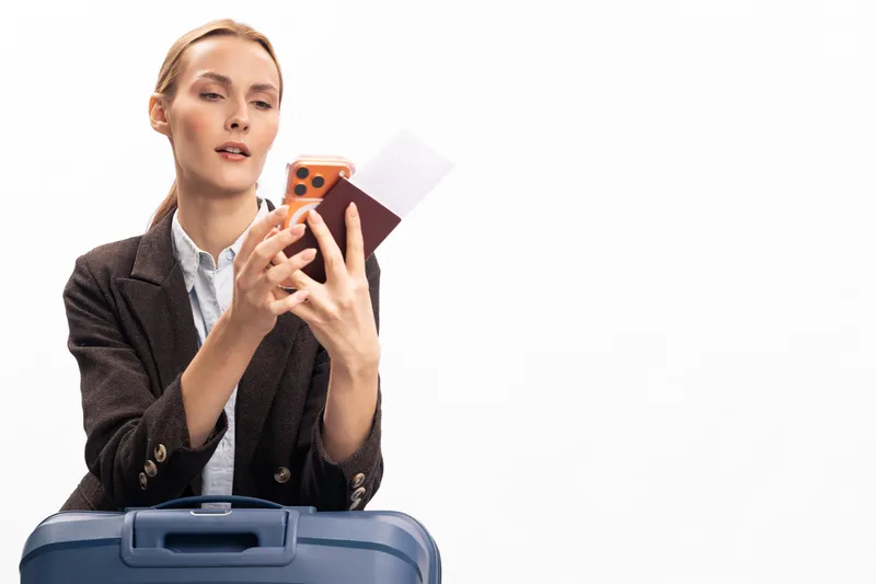Young woman holding passport and smartphone takes selfie or checks ticket details. Business traveler stands with suitcase in white studio. Concept for travel, trip, vacation, and mobile technology.
