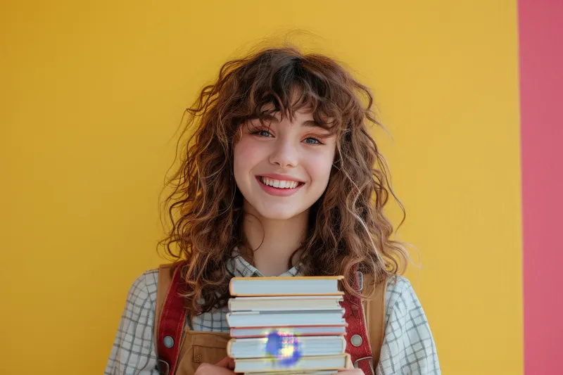 Счастливая молодая женщина держит стопку книг на фоне яркого цветного фона и широко улыбается