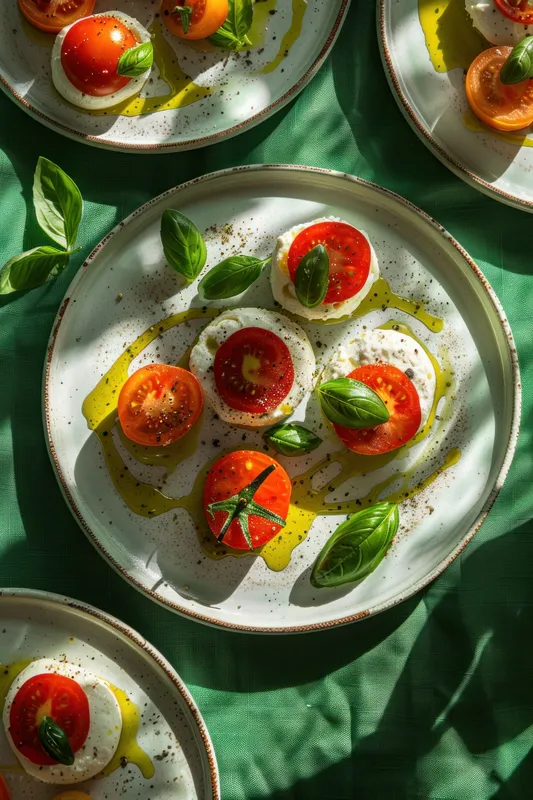 Вкусный салат капрезе из свежих помидоров, моцареллы, базилика и оливкового масла на ярком зеленом фоне
