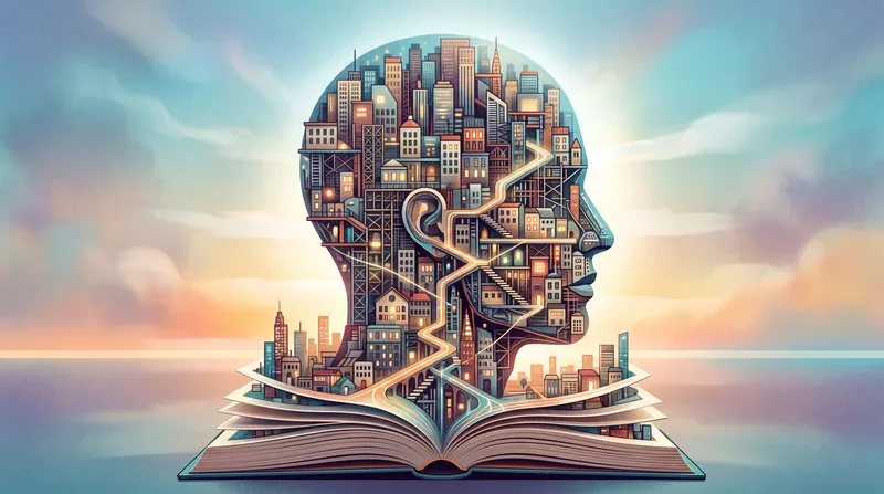 Открытая книга, превращающаяся в город внутри контура головы