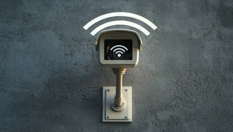Камера видеонаблюдения со значком сигнала Wi-Fi, установленная на текстурированной бетонной стене, символизирует передовые технологии безопасности и инновации для умного дома
