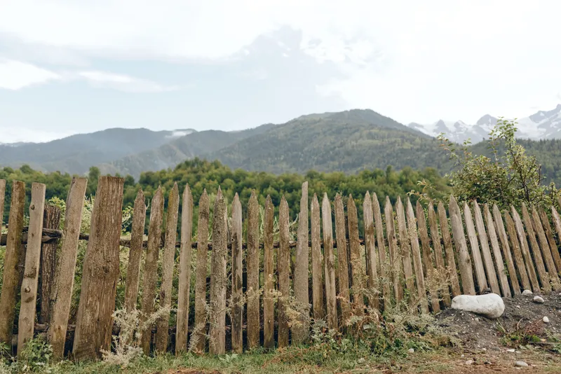Weathered wooden fence posts line a rural landscape, green fields, distant mountains, and a calm sky, a rustic outdoor scene suitable for stock photography