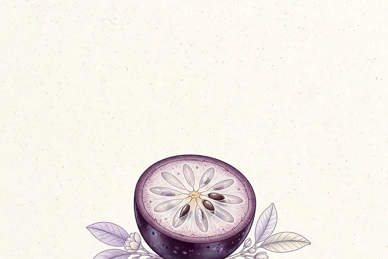 Акварельный рисунок половинки маракуйи с фиолетовыми листьями