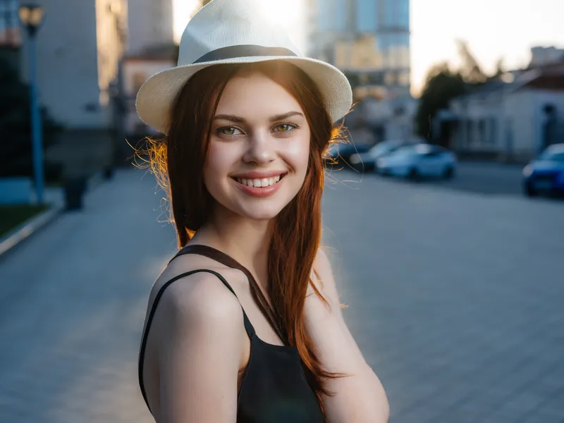 Привлекательная женщина в шляпе позирует на улице летом