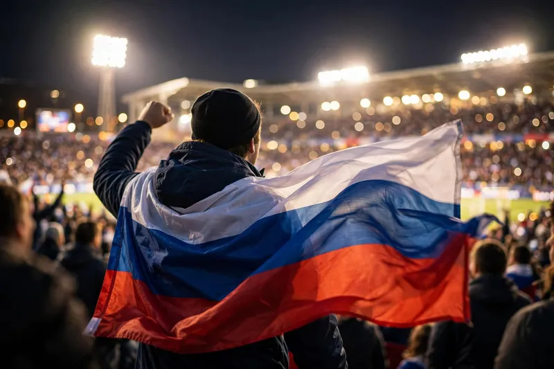 Болельщик с российским флагом на трибуне ночного стадиона