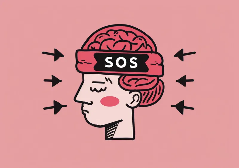 Мультяшная женщина в шапке-мозге с сигналом SOS, олицетворяющая мозговой штурм, интеллект, творчество, мышление, бдительность, идеи, инновации, решение проблем, помощь, здоровье, психику и головные…