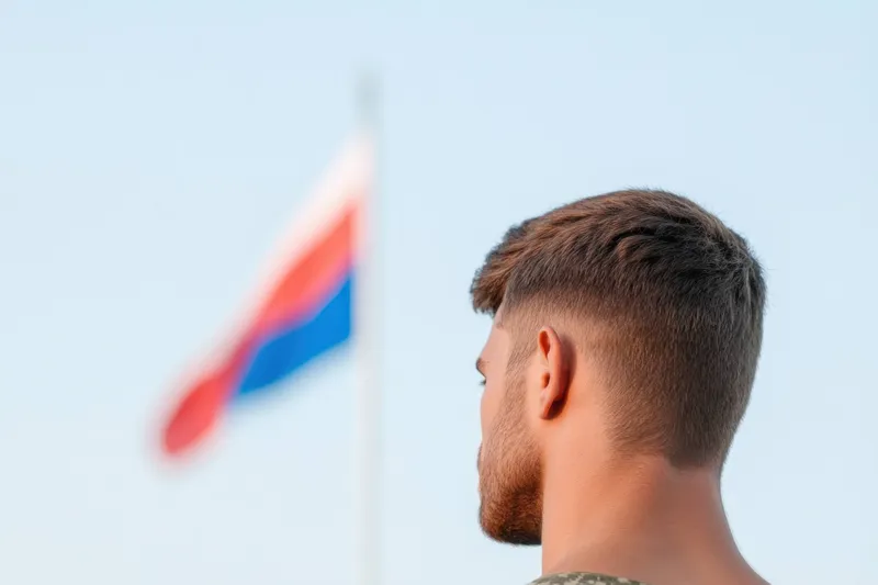 Портрет молодого человека в военной экипировке, сосредоточенно смотрящего на российский флаг, символизирующий мужество и патриотизм, на фоне безмятежного голубого неба