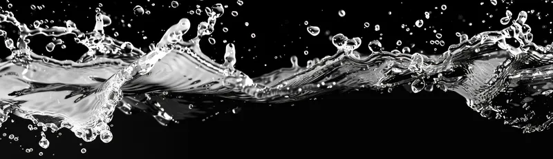 Монохромное изображение водяных брызг, демонстрирующее изящные изгибы и капли, подчёркивающее красоту жидкости в движении