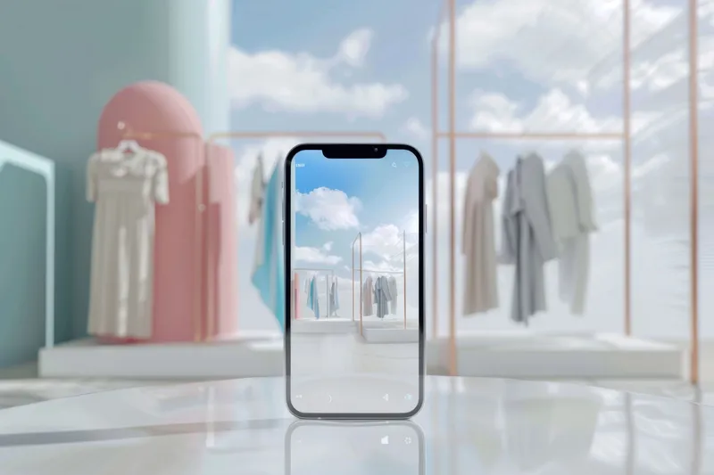 iPhone на столе перед стойкой с одеждой на фоне голубого неба