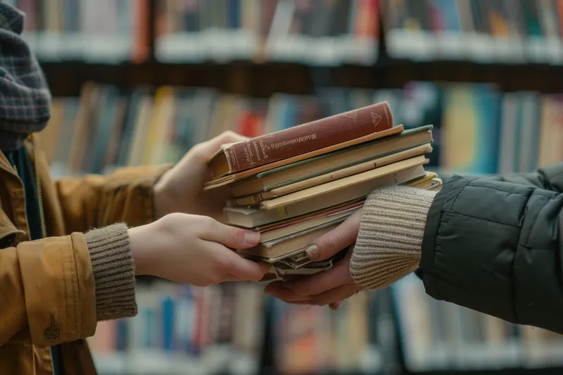 Два человека держат стопку книг, стоя перед книжным стеллажом в библиотеке