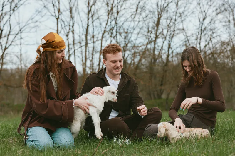 Friends gather outdoors with dogs, sitting on grass in a sunny park, sharing smiles and gentle interactions, capturing a warm lifestyle moment of companionship, playfulness, and animal bonding