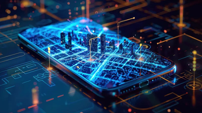 Футуристический городской пейзаж, отображаемый на экране смартфона в 3D-иллюстрации