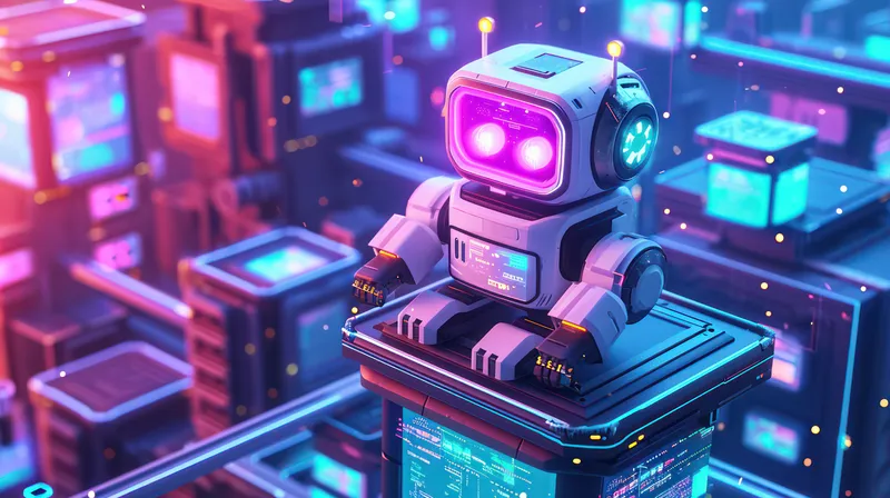 Революция роботизированных игрушек: синяя ретро-машина в футуристическом окружении