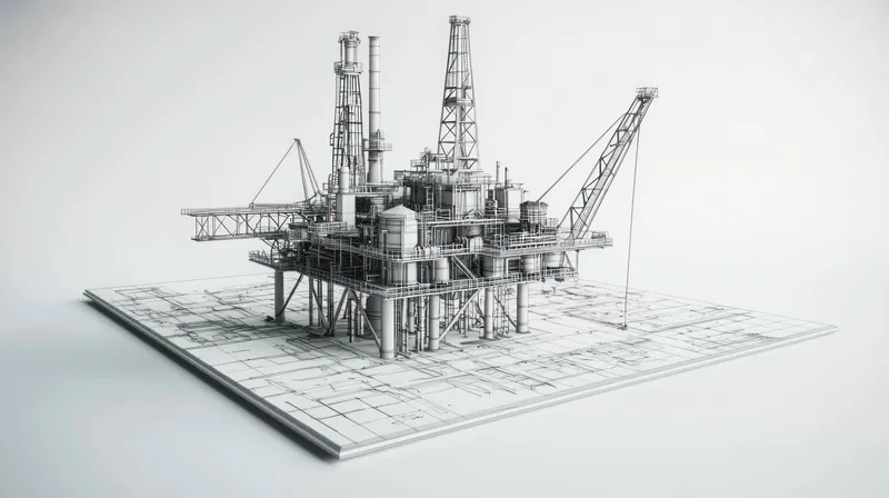 Детальная каркасная модель нефтяной вышки, иллюстрирующая сложное инженерное решение в минималистичном стиле, подчеркивающая промышленный дизайн, энергетические ресурсы и современные технологии в…