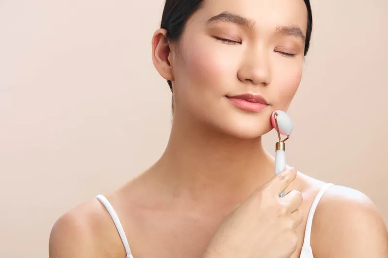 asian woman relaxing during skincare routine as she uses a facial roller on her cheek, soft lighting, calm ambiance, focus on beauty, wellness, and self care.