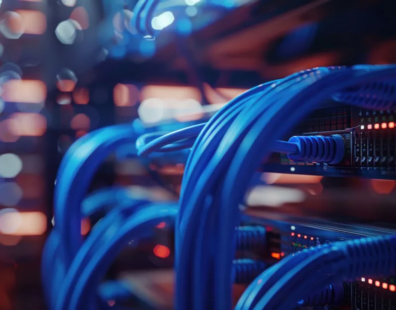 Детальный вид синих Ethernet-кабелей, подключенных к серверу, с красной и синей фоновой подсветкой в технологической среде