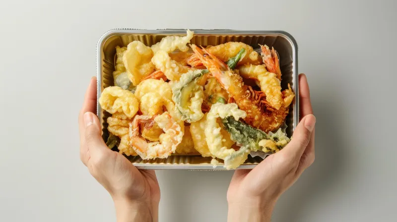 Руки преподносят поднос, наполненный хрустящими креветками в кляре и ассорти из овощей, на нейтральном фоне