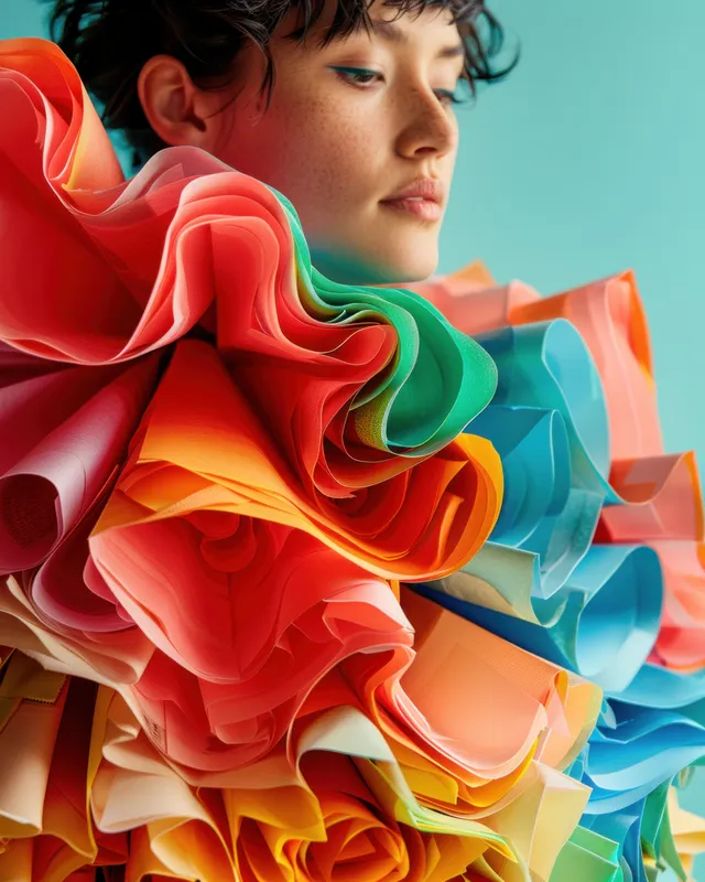 Выразительный портрет модели в художественных разноцветных рюшах, создающий смелый визуальный эффект на фоне яркой бирюзы
