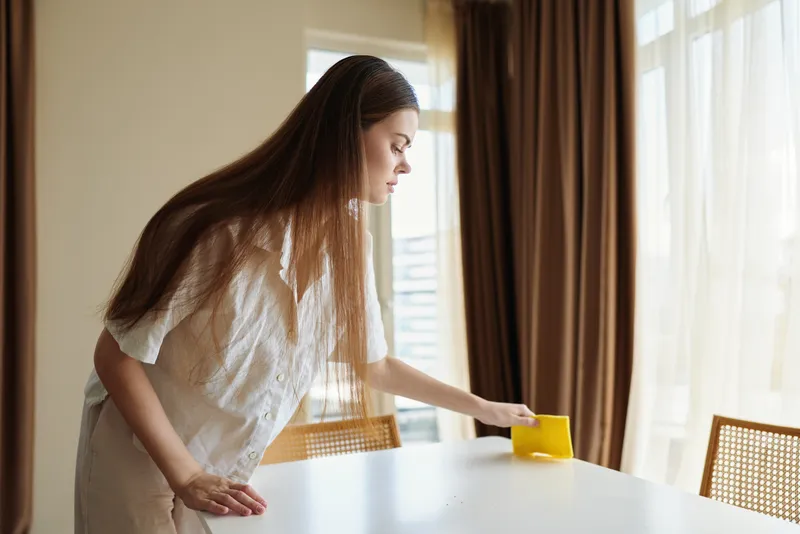 Woman cleaning table with yellow sponge in bright home interior by curtains and sunlight, focused on wiping tabletop for tidy livingroom, domestic routine and care.