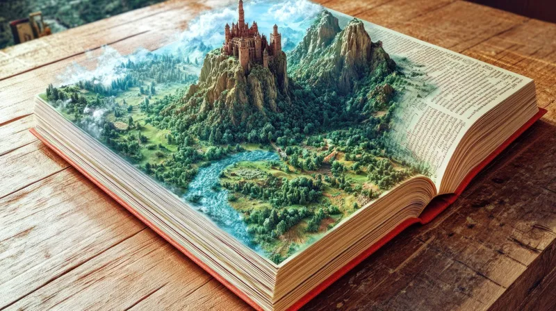 Эта креативная иллюстрация изображает открытую книгу, из которой открывается фантастический пейзаж с замком и природой