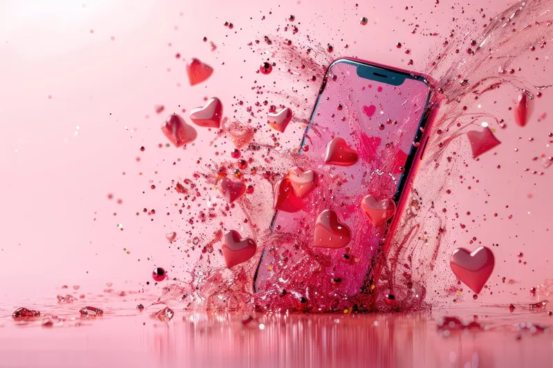 Розовый фон с водяными брызгами на iPhone и сердечками