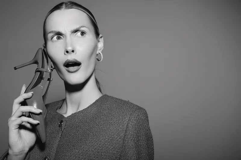 Young white woman with light skin holds high heel shoe near ear, looking surprised, monochrome studio portrait.