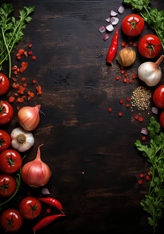 Свежие продукты на органическом столе: яркое кулинарное разнообразие на фоне деревенского дерева и темного фона