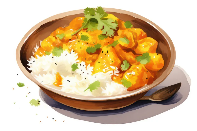 Блюдо индийской кухни с курицей, подаваемое в миске, с мясом, специями, карри, острым соусом, рисом и зеленью